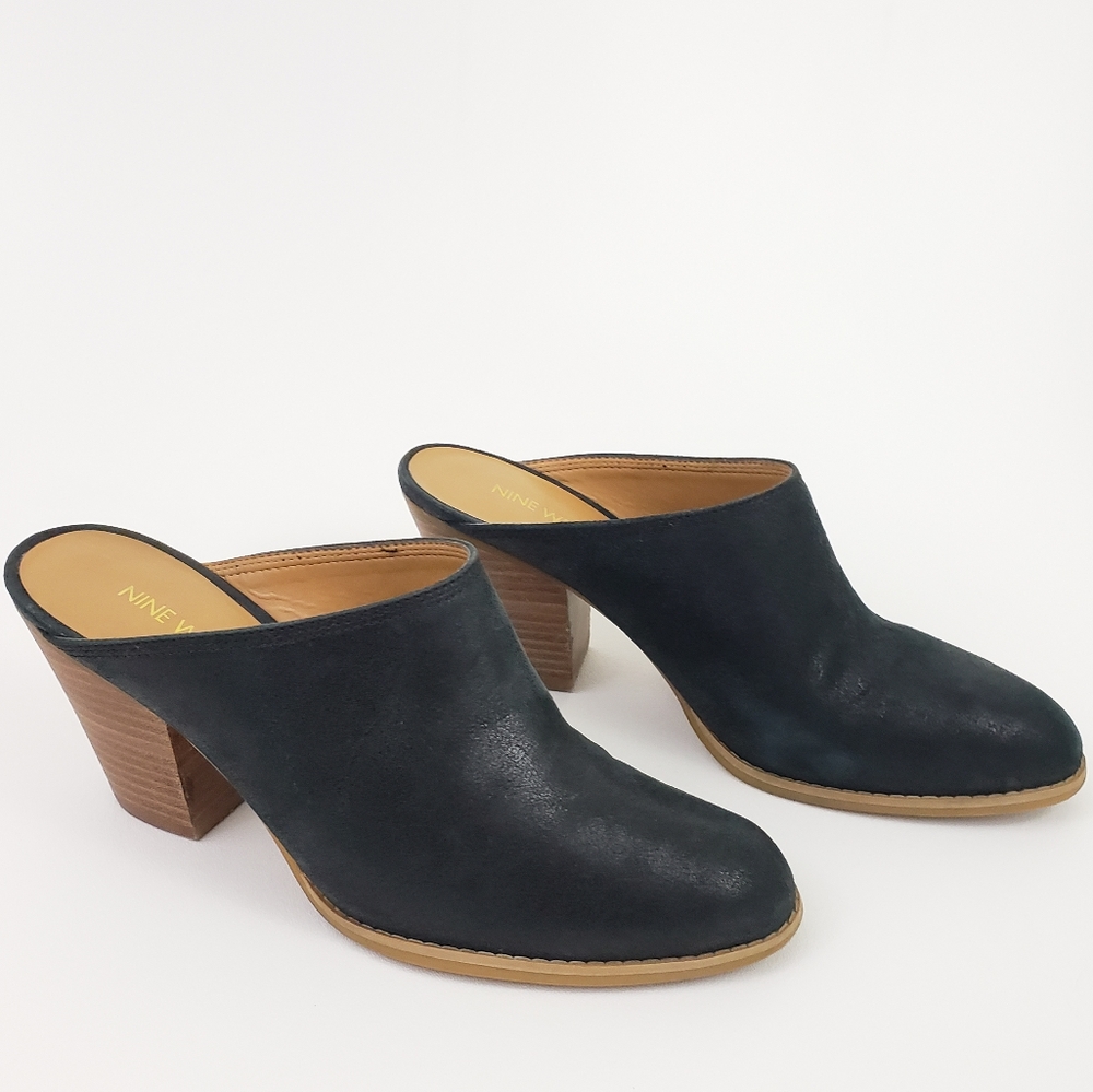 Nine West Hannah Mules Clogs 9.5 Black Leather Block Heel Black Tan Chunky Heel